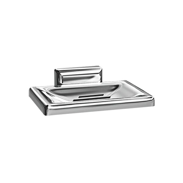 An American Specialties chrome-plated surface-mounted soap dish with drain holes.