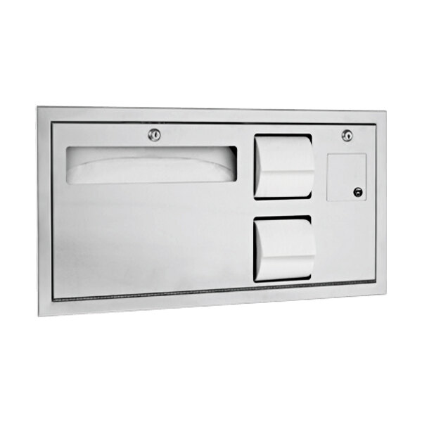 A stainless steel American Specialties, Inc. rectangular recessed toilet paper dispenser.