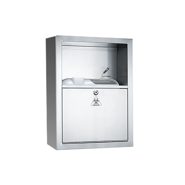 A stainless steel cabinet with a door and a metal box inside.