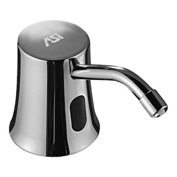 An American Specialties, Inc. stainless steel deck-mounted automatic foam soap dispenser with a black and silver pump.