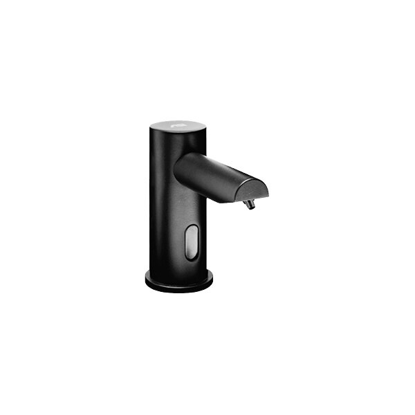 An American Specialties, Inc. matte black metal top fill foaming soap dispenser with a button for multi-feed.