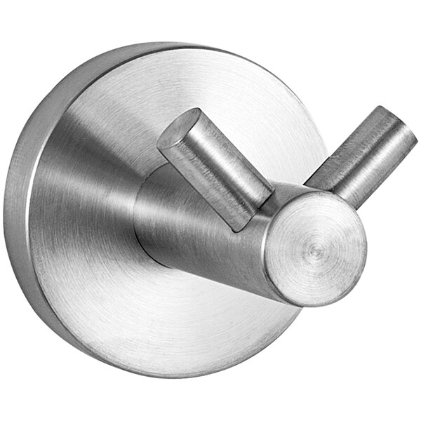 A stainless steel surface-mounted double robe hook with two metal hooks.