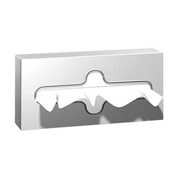 A stainless steel surface mounted facial tissue dispenser.