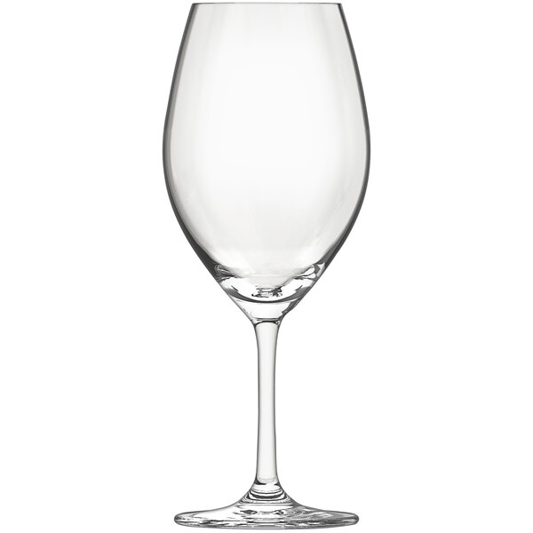 A close-up of a clear Lucaris Chardonnay wine glass.