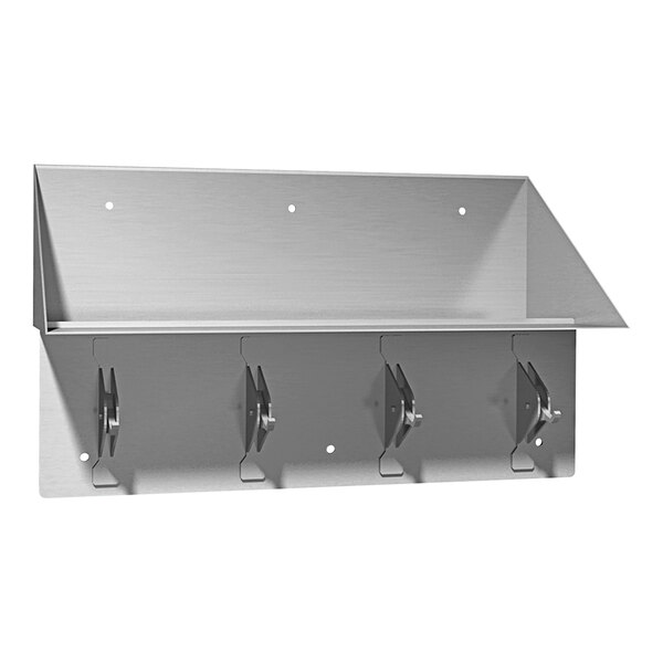 A stainless steel front-mounted metal shelf with four hooks.
