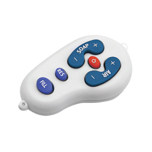 A white remote control with blue and red buttons. The blue and red buttons have white text.