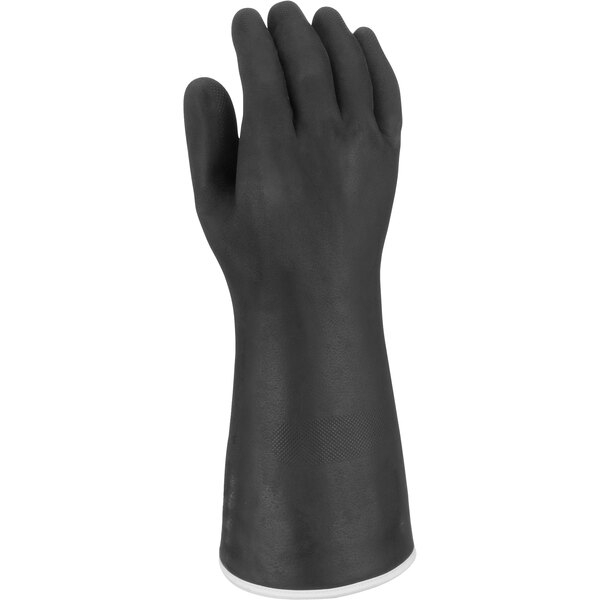 A black neoprene glove with white trim.