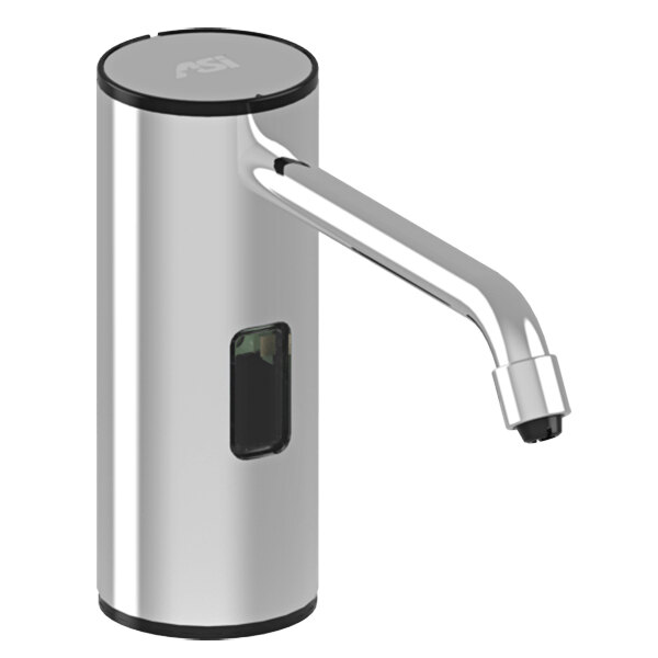 An American Specialties, Inc. bright finish automatic soap/sanitizer dispenser with a black handle.