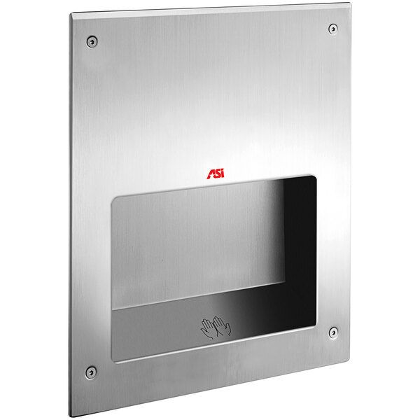 An American Specialties, Inc. silver rectangular Safe-Dri hand dryer with a black window.