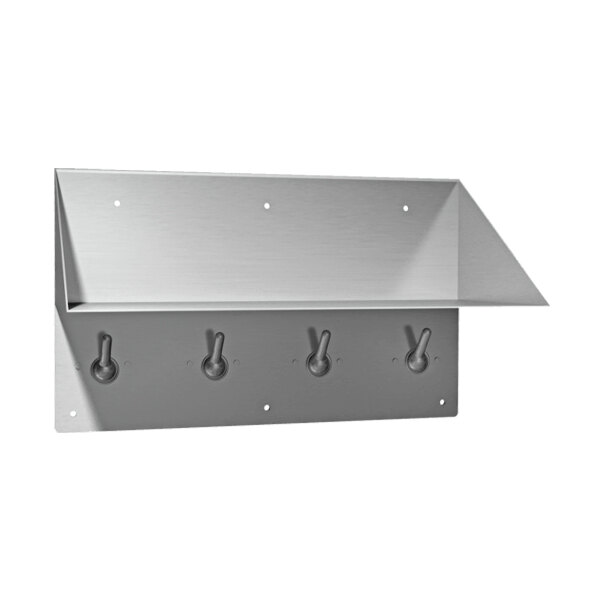 An American Specialties, Inc. stainless steel front mounted hook with shelf.