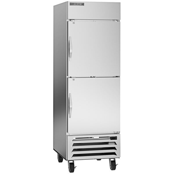A silver Beverage-Air reach-in freezer with half doors on wheels.