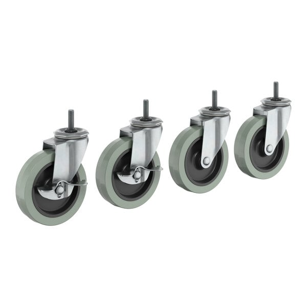 A row of Steelton casters with green rubber wheels.