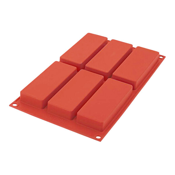 A red rectangular silicone baking mold with 6 rectangular cavities.