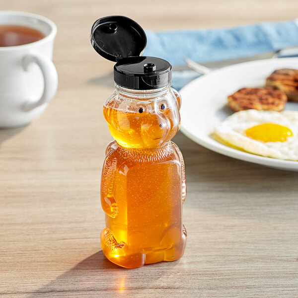 8 oz. (12 oz. Honey Weight) Bear PET Honey Bottle with Black Dispensing Cap with Heat Induction