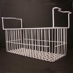 A white wire basket with handles for a RIO-H flat lid display freezer.