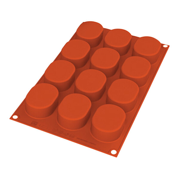 An orange silicone baking mold with 12 rectangular compartments.