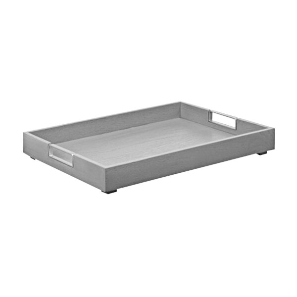 A grey rectangular Cal-Mil Room Service Tray with handles.