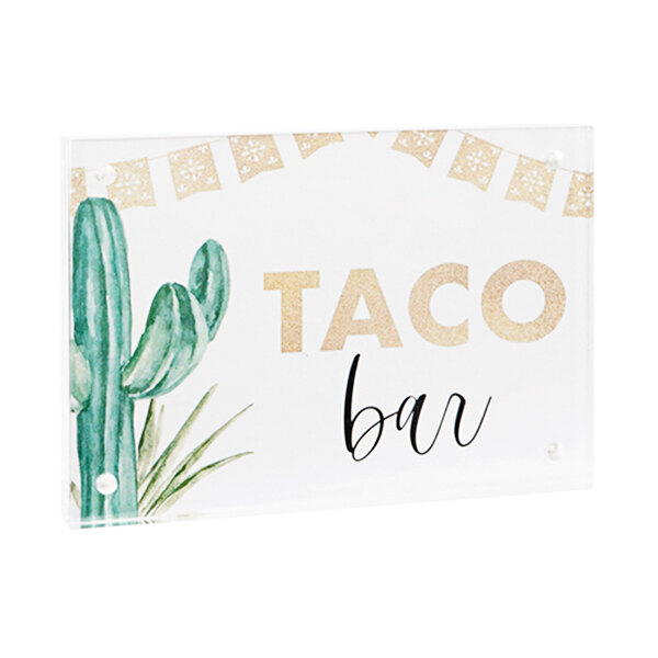A white Cal-Mil magnetic displayette with black text reading "Taco Bar" and a cactus and flags on it.