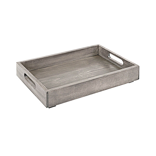 A wooden Cal-Mil room service tray with rectangular edges and handles.