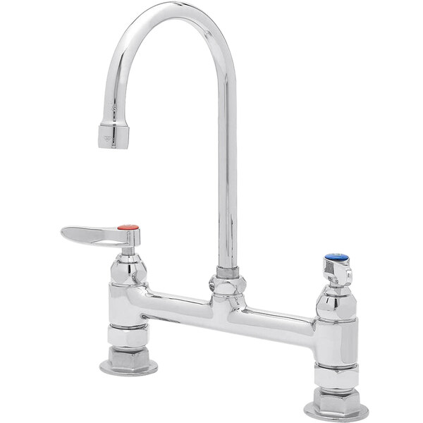 A silver T&S deck-mount faucet with dual red and blue lever handles.