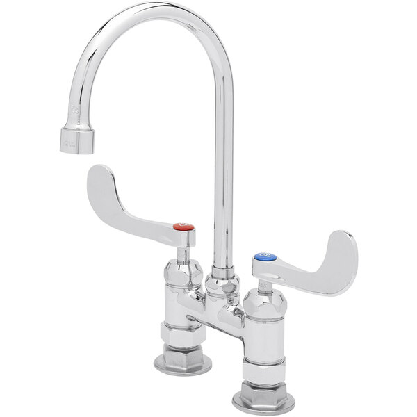 A T&S chrome deck mount faucet with 5 3/4" gooseneck spout and 4" wrist action handles.