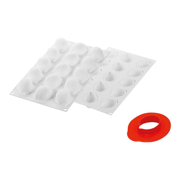 A white silicone baking mold with 30 red circle cavities.