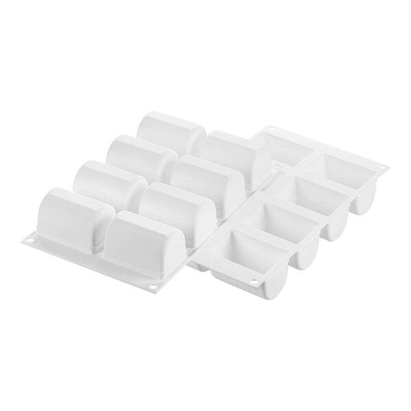 A white silicone baking mold with 8 curved compartments.
