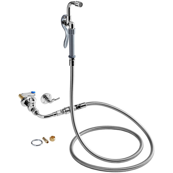 A T&S deck mount pot/kettle filler faucet with a hose and 90-degree spray nozzle.