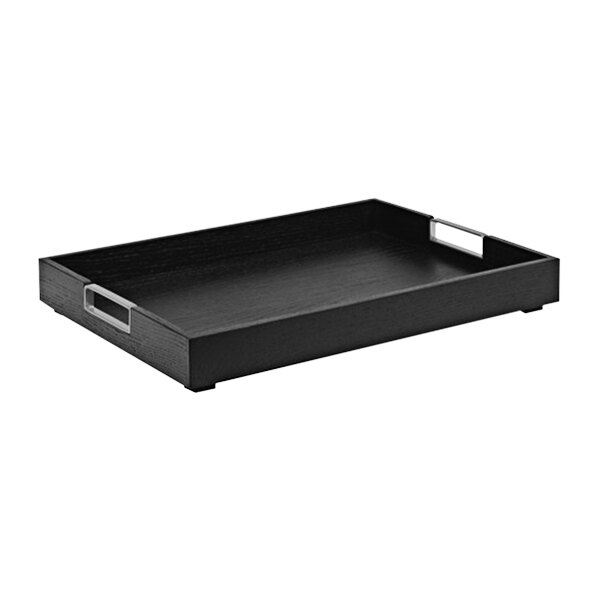 A black rectangular Cal-Mil room service tray with silver handles.