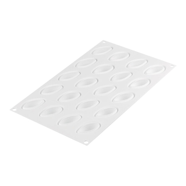 A white silicone mold with oval cavities.