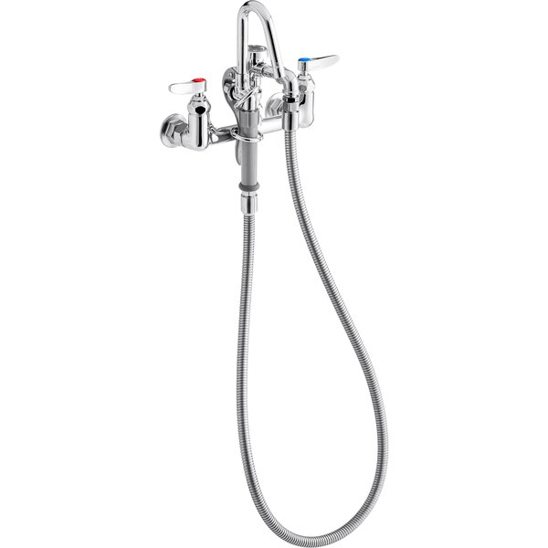 A T&S chrome wall mount pot and kettle filler faucet with dual lever handles and a 60" hose with a hook nozzle.