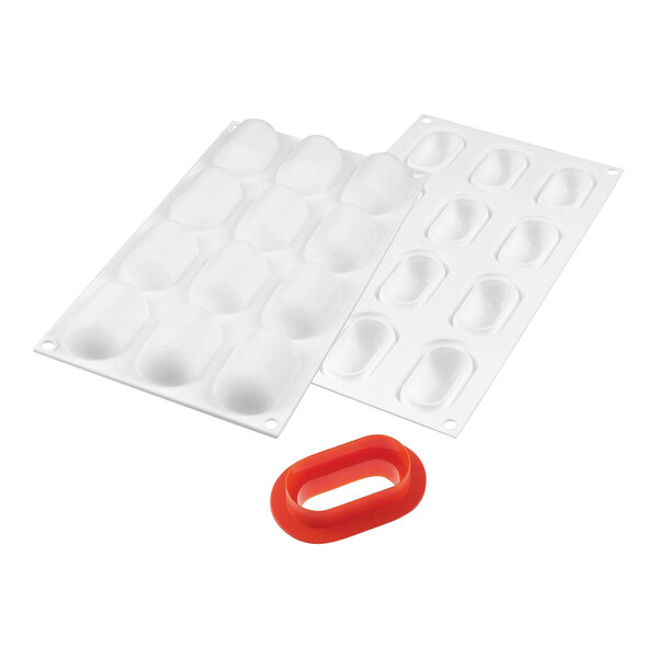 A white silicone baking mold with 12 curve pillow-shaped cavities.