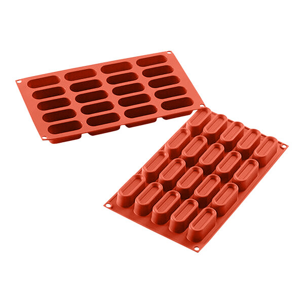 A red silicone oval baking mold with 20 compartments.