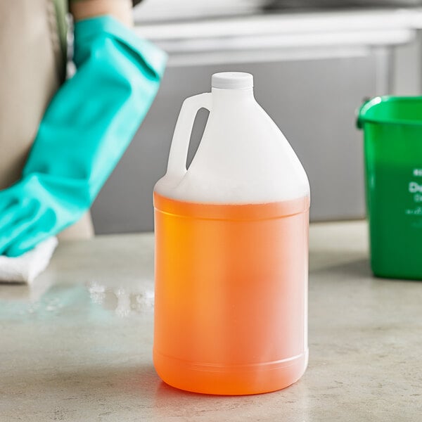 A translucent HDPE jug with a white cap on a counter.