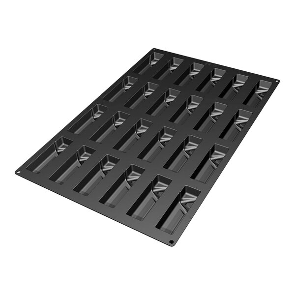A black silicone baking mold with 24 triangle-shaped cavities.