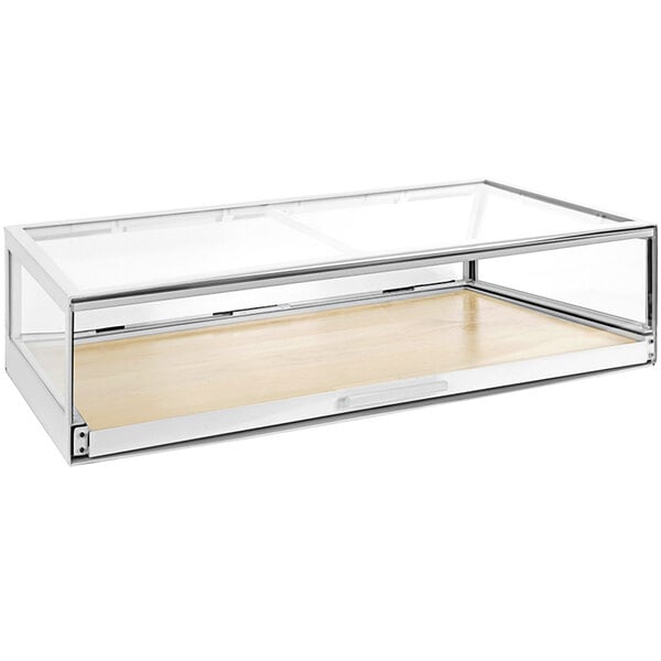 A glass display case with a wood shelf.