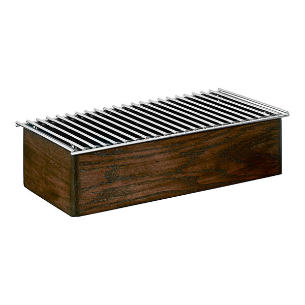 A dark oak wooden box with a metal grate on top.