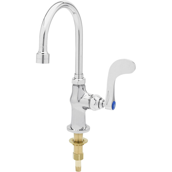A silver T&S deck-mount faucet with a gooseneck nozzle and blue wrist action handle.
