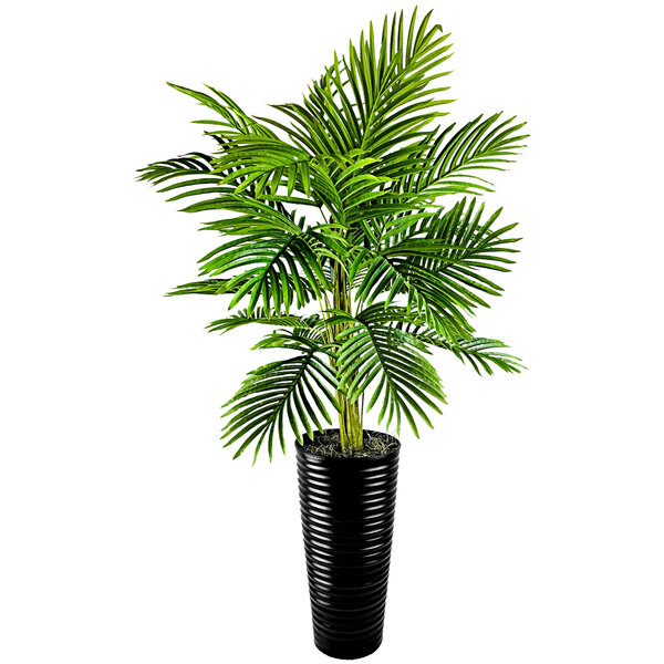 A 48" artificial palm plant in a black ribbed metal planter with green leaves.