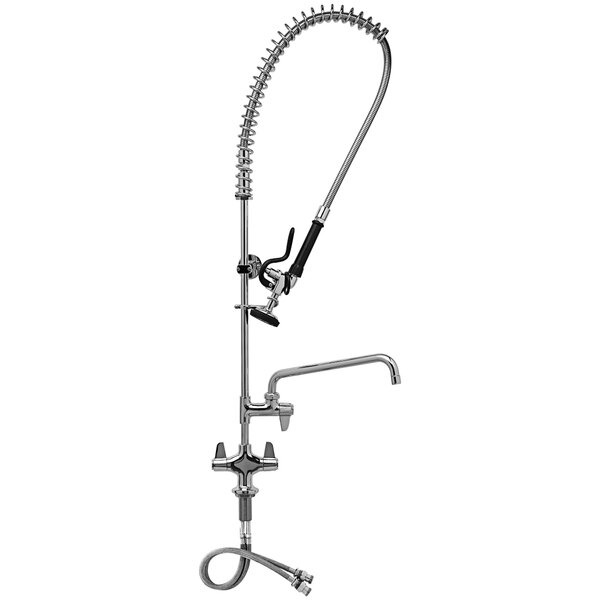 A chrome Equip by T&S pre-rinse faucet with a hose.