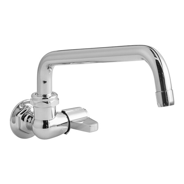 A chrome Equip by T&S wall mount faucet with swing nozzle.