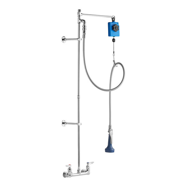 A T&S wall mount pre-rinse unit with a hose and blue and silver spray nozzle.