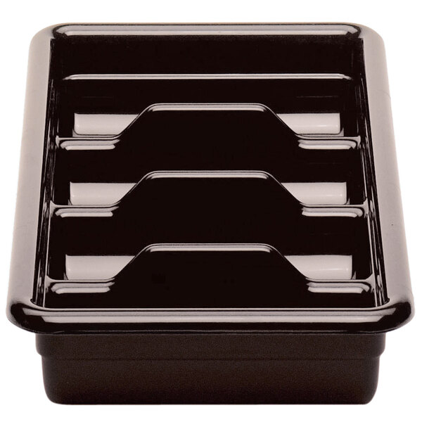 A dark brown plastic container with four compartments.