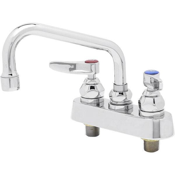 A chrome T&S deck-mount workboard faucet with lever handles.