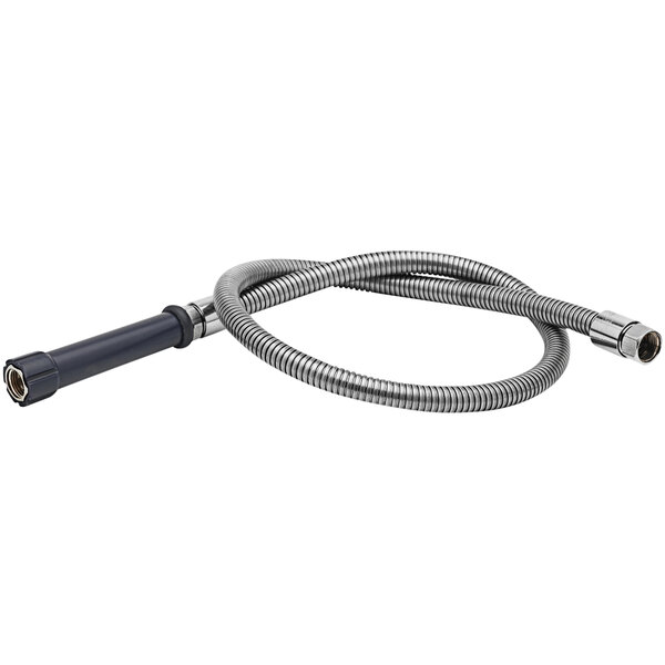 A flexible stainless steel faucet hose with a blue handle.