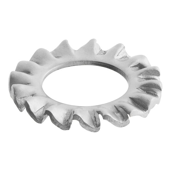 A silver circular serrated lock washer with a spiral design.
