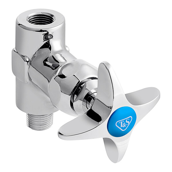 A T&S stainless steel faucet cold stop assembly with a blue handle.