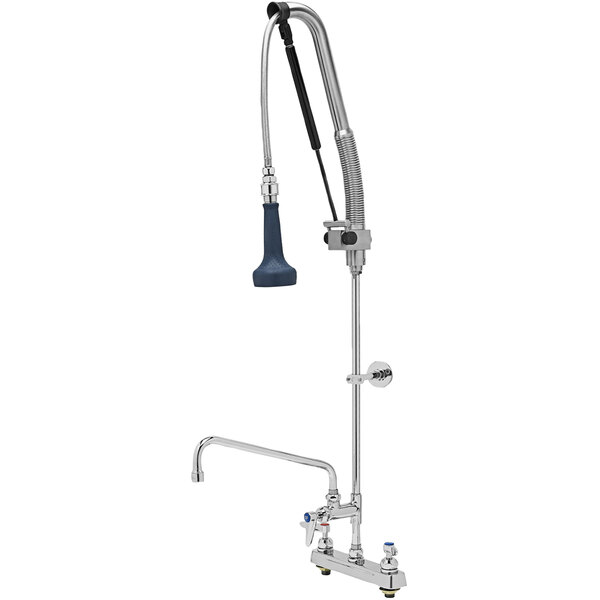 A silver T&S deck mount pre-rinse faucet with a black handle and a pull-down sprayer.