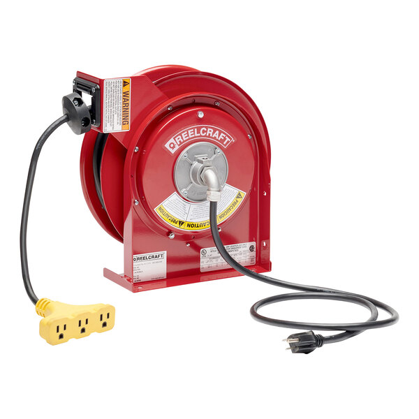A red Reelcraft power cord reel with a yellow power cord and plug.