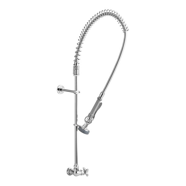 A T&S chrome pre-rinse faucet with a 4-arm handle and hose.